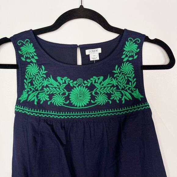 New J Crew XS Navy Blue Green Embroidered Linen Cotton Shift Dress Sleeveless - Picture 3 of 10